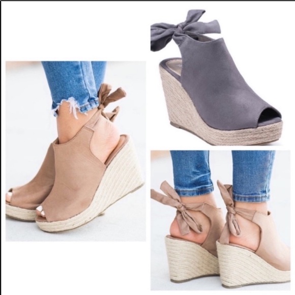 NEW Taupe Vegan Suède Peep-Toe Wedge Espadrille: 7 - Picture 2 of 2